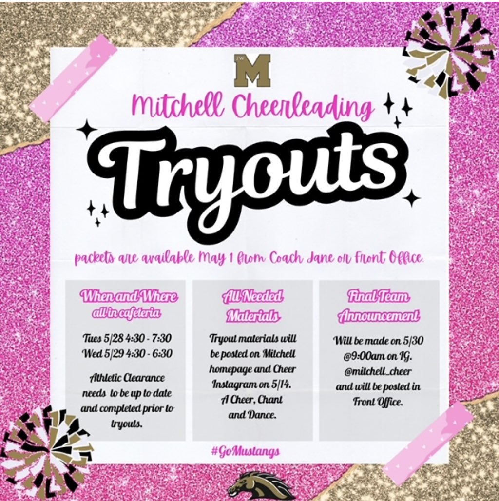 Are you interested in #MustangCheerleading next year? The tryout packets are available on May 1st from the @JWMHS Front Office or Coach Jane. Tryouts are 5/28 and 5/29. #ThisIsCheerleading #ThisIsExcellence