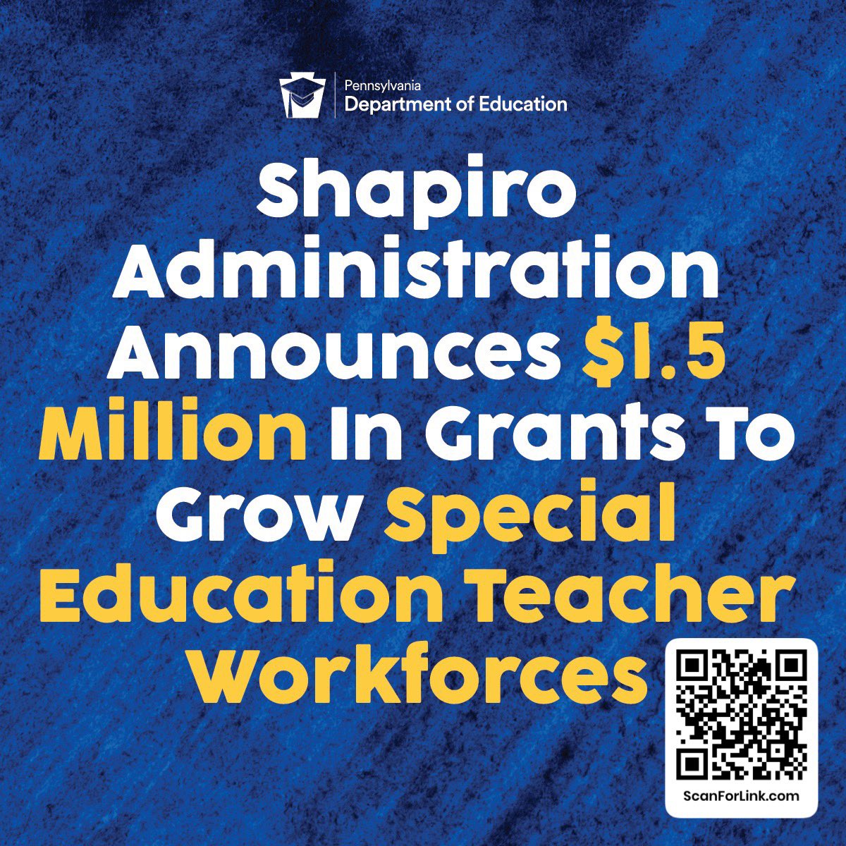 The Shapiro administration announced $1.5 million in grant funding to bolster the next generation of special educators. Funds available thru 6/30/26. Learn more by scanning the QR code or click here: tinyurl.com/5933nhjf