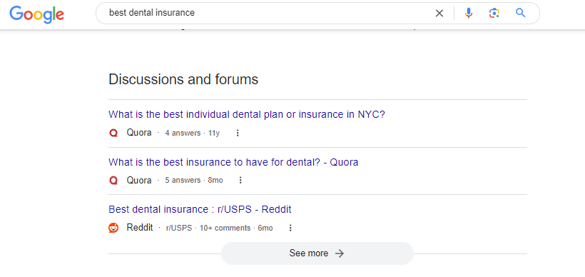 lilyraynyc's tweet photo. Can you imagine any other page on the internet ranking prominently for the keyword "best dental insurance"

With an answer literally saying "I don't know, sorry this isn't helpful"

Followed by a misleading/confusing sponsored post

And no actual answer anywhere above the fold. https://t.co/w4UfcpUkZn