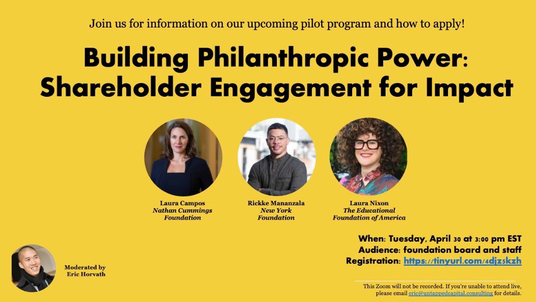 Don't miss this session 4/30, 3pm EST to learn about an exciting pilot program focused on shareholder engagement. “Knowing what you own” and “ensuring your values are embedded throughout your entire investment portfolio” is not niche or a choice, but philanthropic best practice.