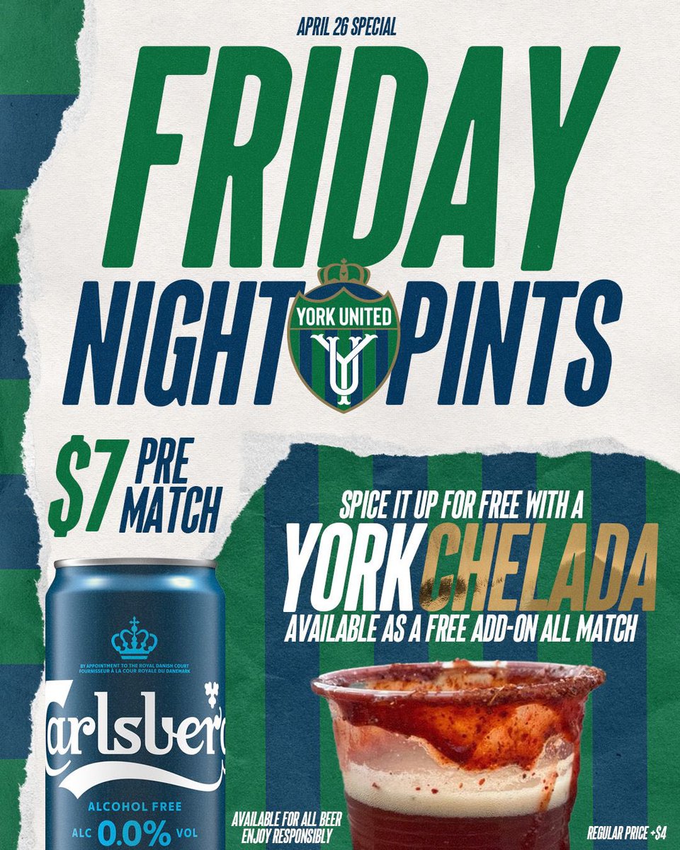 Have you tried our new “Yorkchelada” this Friday only, upgrade your beer to a Micheleda free of charge all match long🍹 Also take advantage of our pre match special $7 @carlsbergcanada talk boys🍻 🎟️ ticketmaster.ca/york-united-fc… #WeAreUnited | #YorkUnitedFC