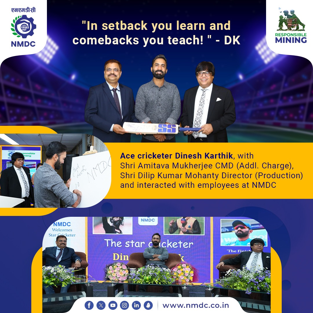 #NMDC hosted an interactive session with the star cricketer Dinesh Karthik at its corporate office today where he shared his cricket experience and learnings with the employees to motivate them. Team NMDC is rooting for DK and wish him best for the upcoming matches.