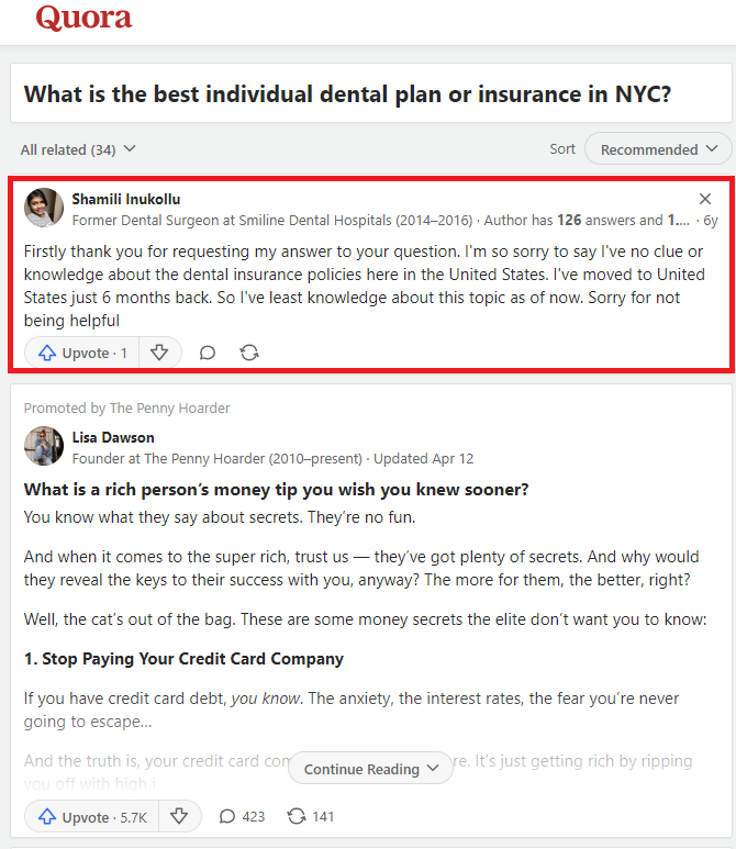 lilyraynyc's tweet photo. Can you imagine any other page on the internet ranking prominently for the keyword "best dental insurance"

With an answer literally saying "I don't know, sorry this isn't helpful"

Followed by a misleading/confusing sponsored post

And no actual answer anywhere above the fold. https://t.co/w4UfcpUkZn