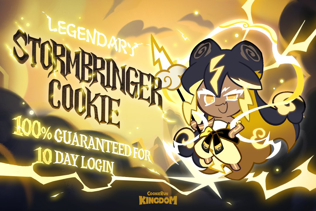 🌩️ Stormbringer Cookie is here! 100% guaranteed event in progress 🔥 Log in for 10 days and greet the sky god of lightning! ⚡ #CookieRunKingdom #StormbringerCookie