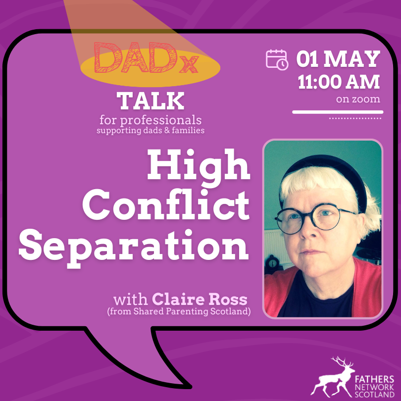 📢 DADx Talk with Claire Ross from @SharedParentSco 🖥️ Join our upcoming talk discussing the importance of supporting families in high-conflict separations. Discover how to promote resolution and where to signpost when needed! 📅 Wed 1st 🕒 11AM-12PM ➡️ us02web.zoom.us/meeting/regist…