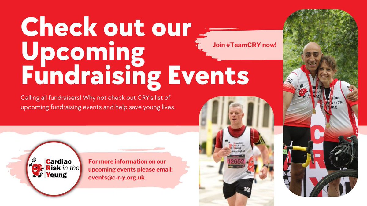 Calling all fundraisers! If you would like to help raise vital funds for CRY and help save young lives, why not check out Cardiac Risk in the Young list of upcoming fundraising events including running, walking and cycling challenge options c-r-y.org.uk/upcoming-cry-e…