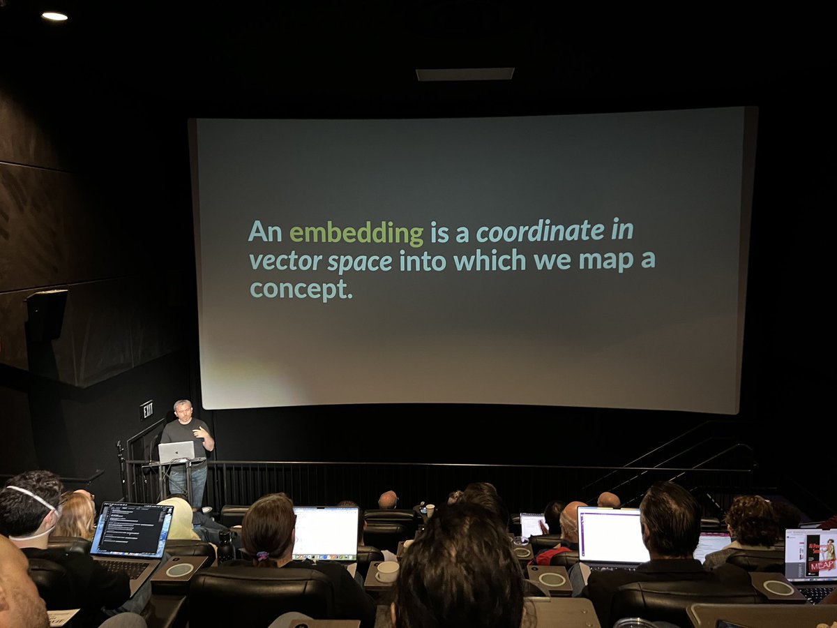 codingdelight's tweet photo. Theater 7 is packed to hear @treygrainger talk about multimodal embeddings (aka “thought vectors”). #haystackconf https://t.co/dC9xNAsdtu