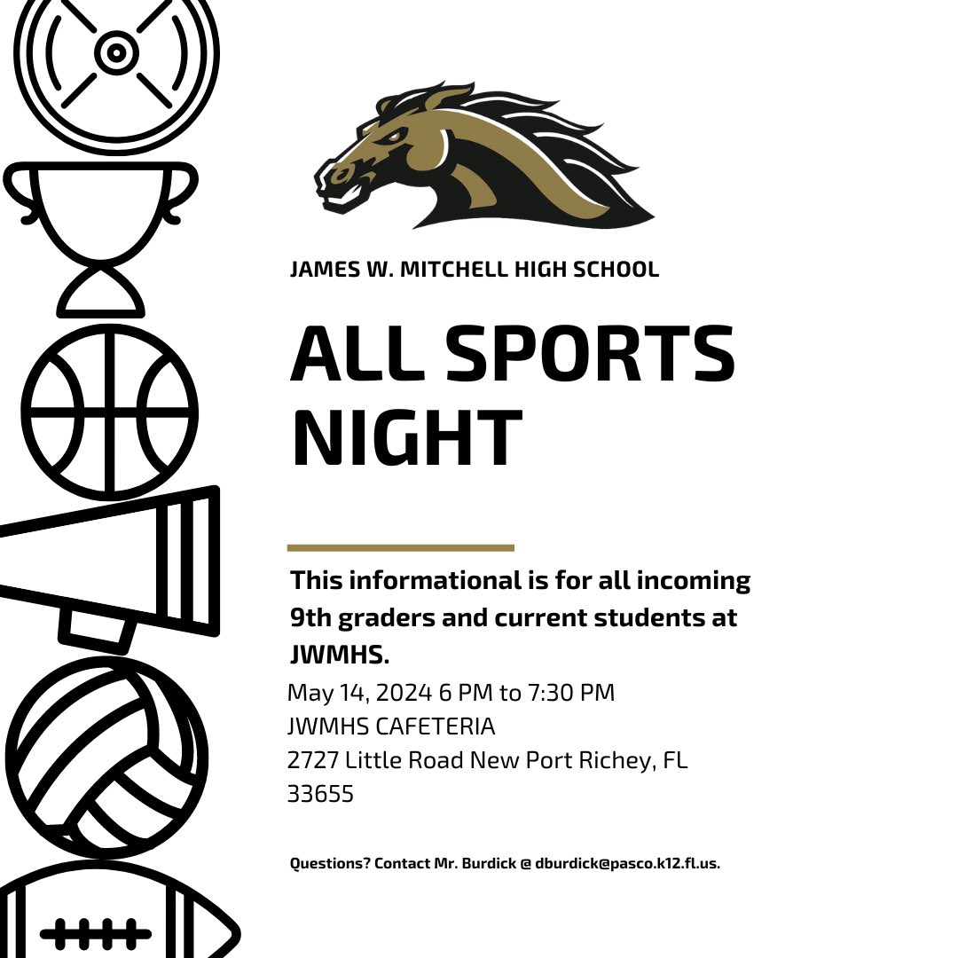 Join us on May 14th at the @JWMHS Cafeteria from 6PM to 730PM to learn all about our #MustangSports programs. @SSMSJAGS @ssms_jaguars @ssmspto #ThisIsJWMHS #ThisIsExcellence