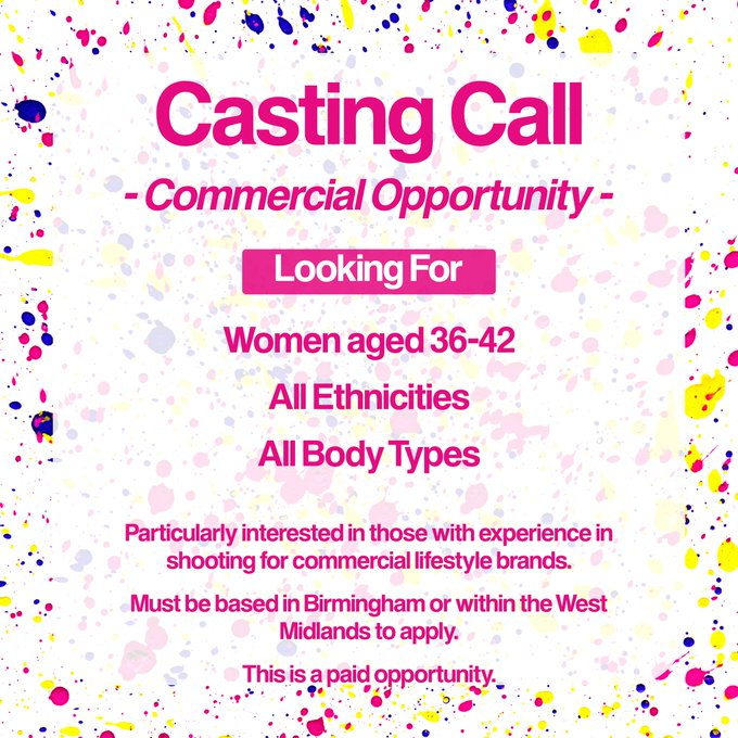 LensFlareProds's tweet photo. #CastingCall - PAID COMMERCIAL OPPORTUNITY  

♀️ Women aged 36-42 
🩷 All Ethnicities 
🩷All body types 

📷#Filming Opportunity for female #actress #actor based in #Birmingham , #UK 📷  #casting #ukmedia https://t.co/WXL9rl3co4 https://t.co/50o3wwmgLY