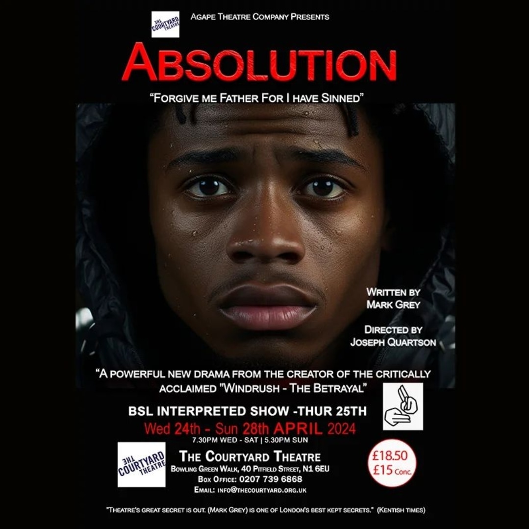 Mark Grey's powerful new drama opens tonight at The Courtyard Theatre. #Absolution is a tense character-driven piece that explores the fundamental Christian tradition & questions its relevance & value in the 21st Century.  Until Sun 28/4. Tickets 🎟️ link.dice.fm/absolution-at-…