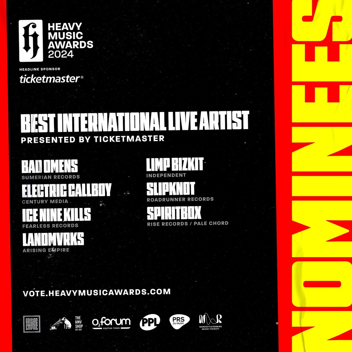#HMA24 NOMINEES: BEST INTERNATIONAL LIVE ARTIST PRESENTED BY @TicketmasterUK @badomenscult @ElectricCallboy @ICENINEKILLS @LANDMVRKS @limpbizkit @slipknot @spiritboxband vote.heavymusicawards.com