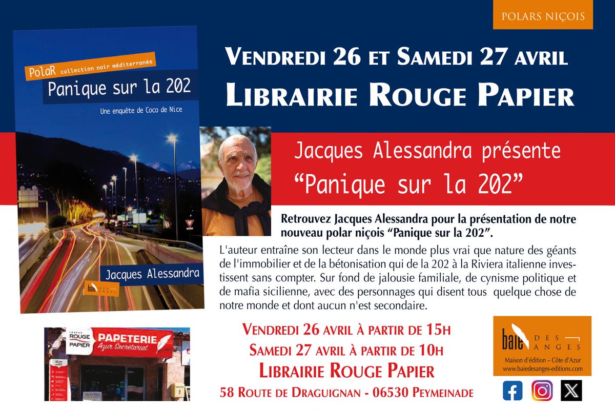 'Panique sur la 202' à la rencontre de son public Vendredi 26 & samedi 27 #librairie #Peymeinade avec Jacques Alessandra @bdaedit #Baiedesangeseditions #polarnicois #Nice06 #CotedAzurFrance @VillePeymeinade 📘👍🌲