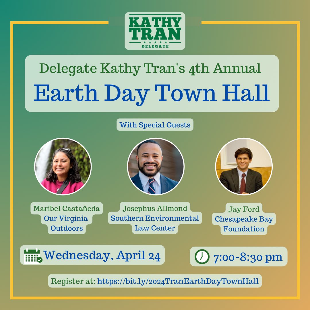 Last chance to sign up! Tonight, 4/24 at 7pm, join me and my wonderful guests from @selc_org, @OurVAOutdoors, and @chesapeakebay at my virtual Earth Day Town Hall. See you then!! Register here: bit.ly/2024TranEarthD…