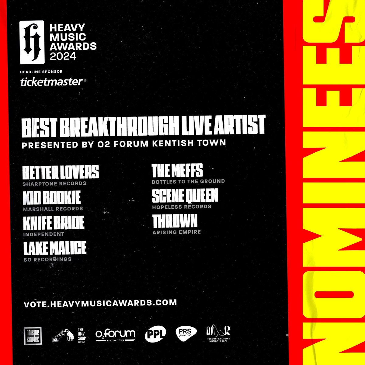 #HMA24 NOMINEES: BEST BREAKTHROUGH LIVE ARTIST PRESENTED BY @O2ForumKTown @betterlovers @kidbookie @KNIFEBRIDE @lakemalice @TheMeffs @scenequeenrocks Thrown vote.heavymusicawards.com