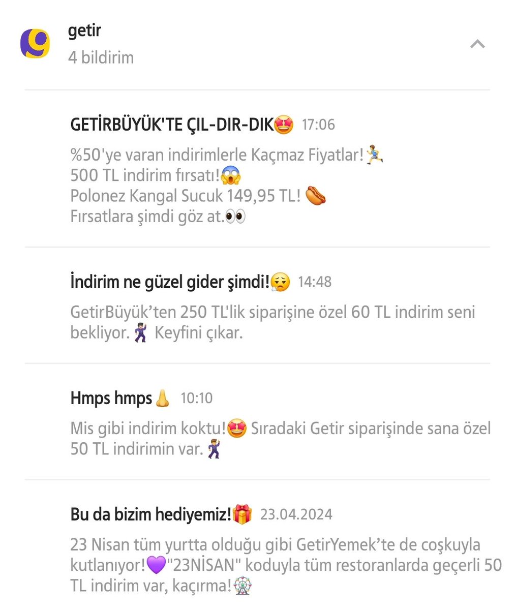 Sevgili <a href="/getir/">getir</a>, ayarlarım görseldeki gibi olduğu halde neden sürekli kampanya bildirimi alıyorum.