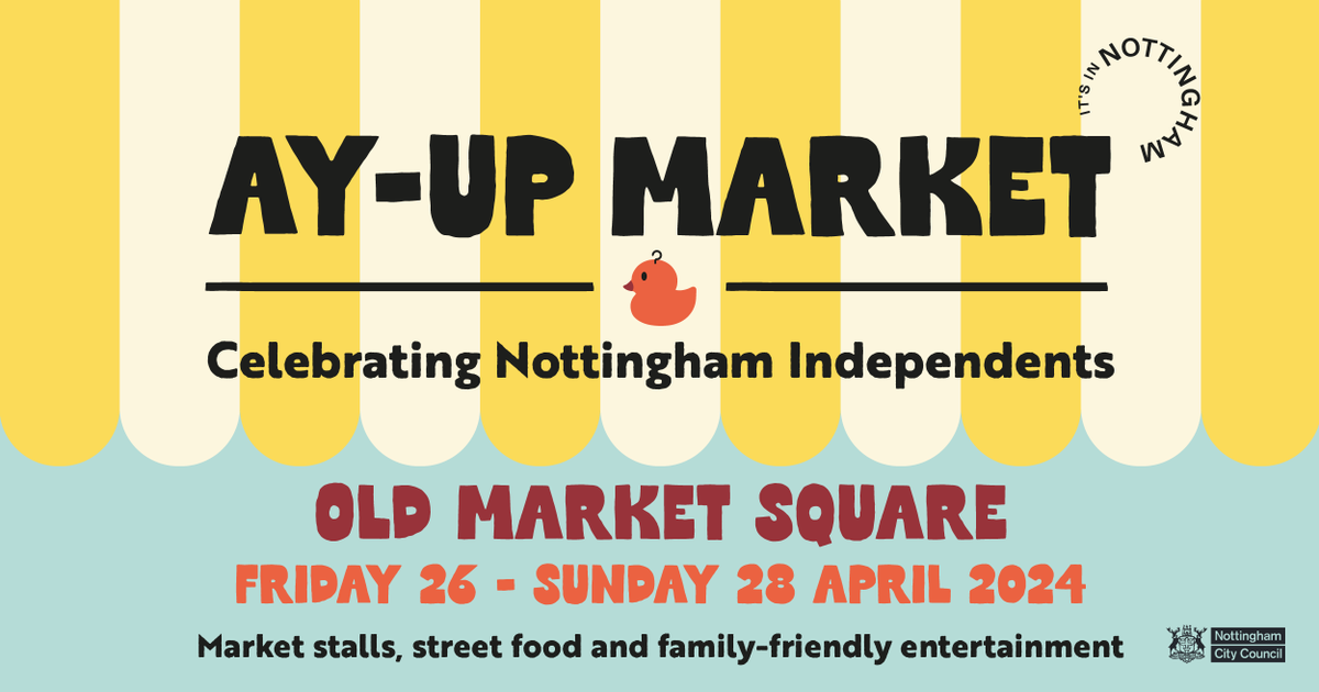The Ay-Up Market is at #OldMarketSquare this weekend! 🦆🛍 🗓 Opening times: Friday 11am-6pm Saturday 10am-6pm Sunday 10am-5pm There will be more than 60 local independent stallholders, plus live performances and family-friendly entertainment 🤩 More ➡ bit.ly/AyUpMarket2024