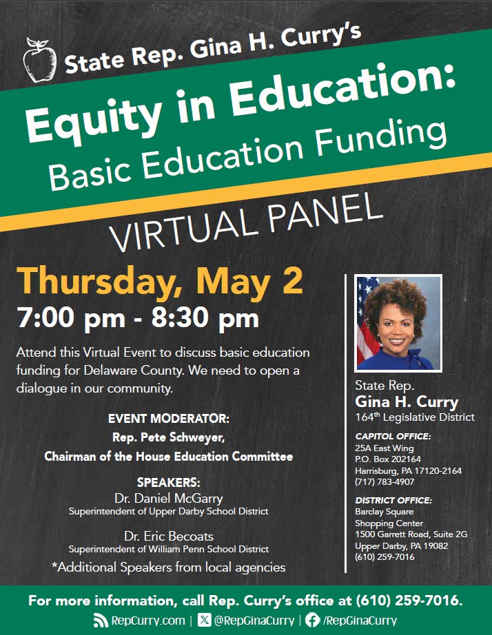 We're opening a dialogue on basic education funding. Join me and fellow state Rep. Pete Schweyer as we host a panel with UDSD Superintendent Dr. Daniel McGarry and WPSD Superintendent Dr. Eric Becoats along with other speakers! Tune in TONIGHT! pahouse.com/curry