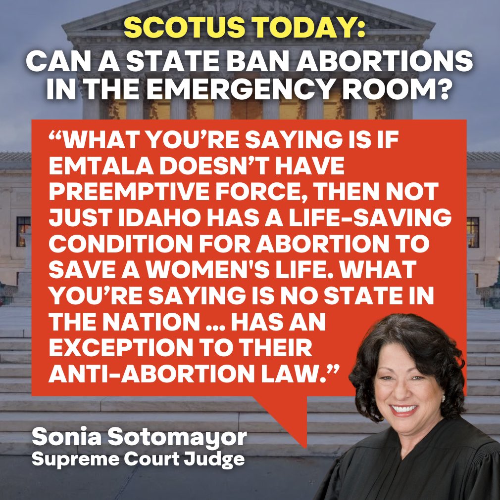 The Supreme Court is hearing the case on if abortions should be allowed in emergency rooms and Justice Sonia Sotomayor delivered this powerful quote calling out the hypocrisy of the anti-abortion lawyer. #AbortionAF #emtala #idaho #scotus