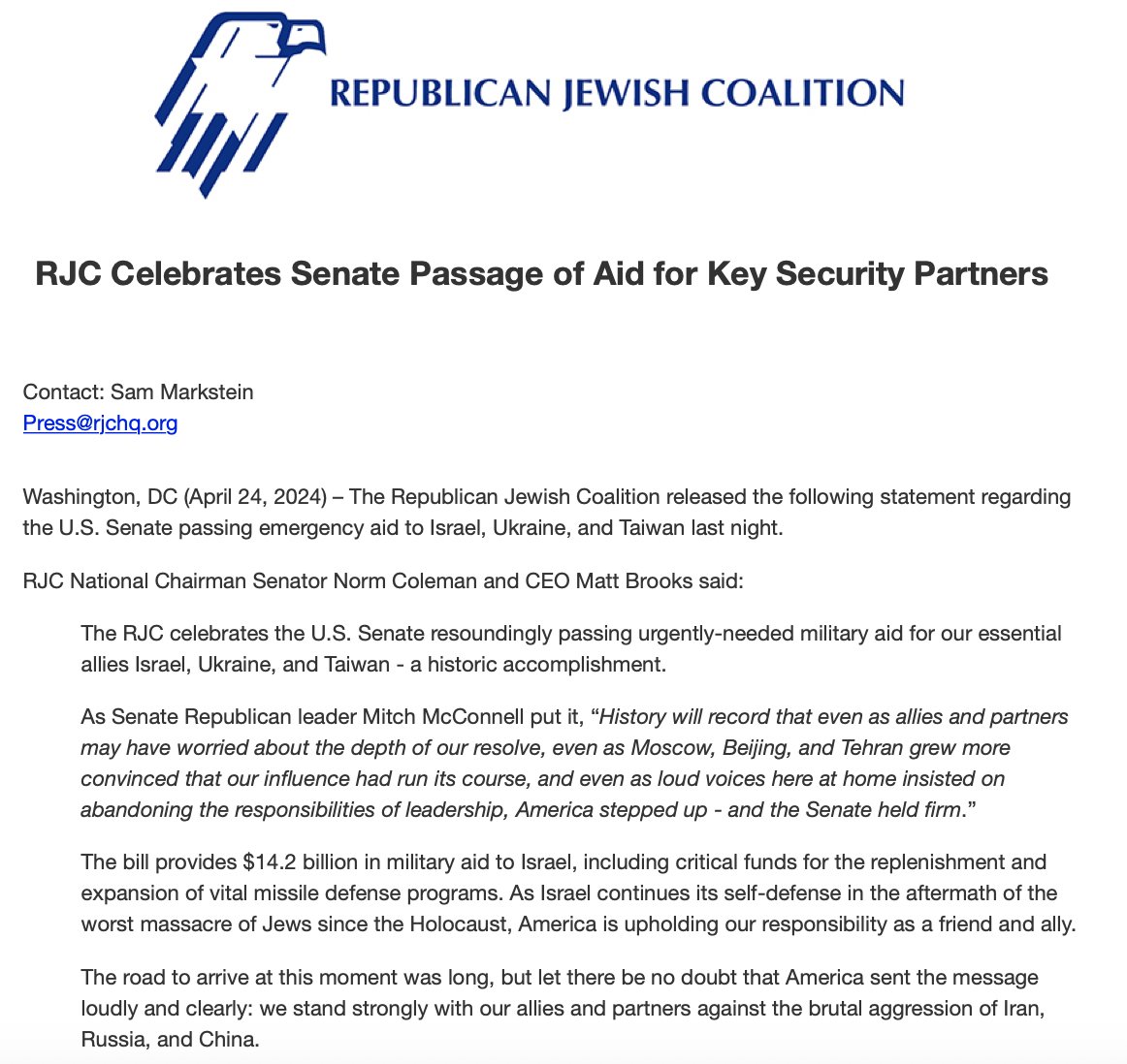 NEW: @RJC Celebrates Senate Passage of Aid for Key Security Partners We celebrate the U.S. Senate resoundingly passing urgently-needed military aid for our essential allies Israel, Ukraine, and Taiwan - a historic accomplishment. The road to arrive at this moment was long, but