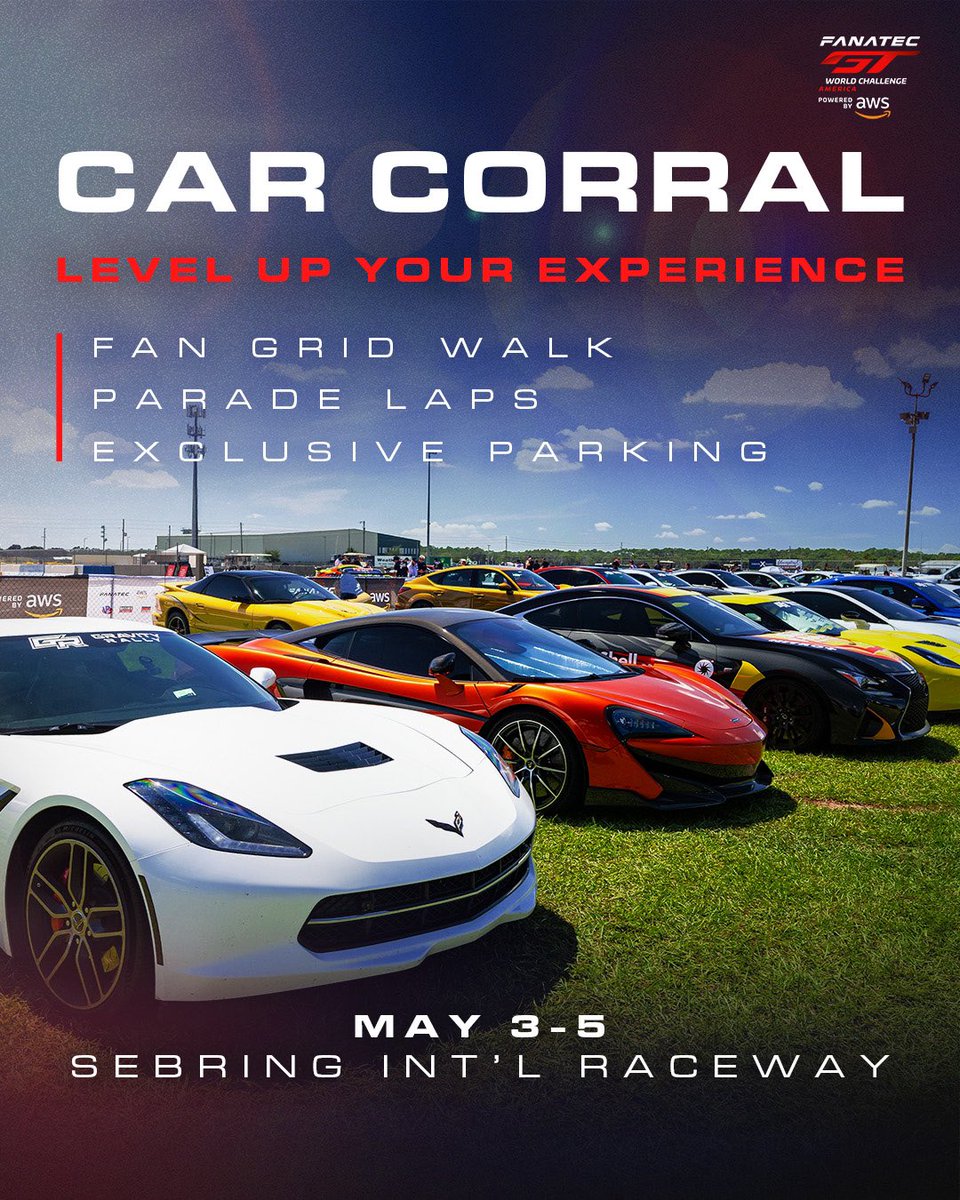 Level up ⬆️ your #GTSebring experience! Join our car corral with exclusive breakout areas for all of your favorite makes like Corvette and Porsche. 🎟️ bit.ly/GTSebring24 #FanatecGT #GTWorldChAm
