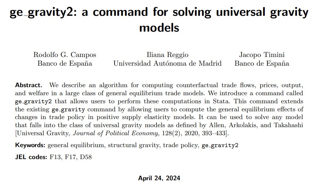 This new Stata command by Rodolfo Campos, Iliana Reggio, and Jacopo Timini for solving GE trade models (which builds on my earlier ge_gravity command) is a really nice step in what I think is a needed direction! rolf-campos.github.io/project/ge_gra…