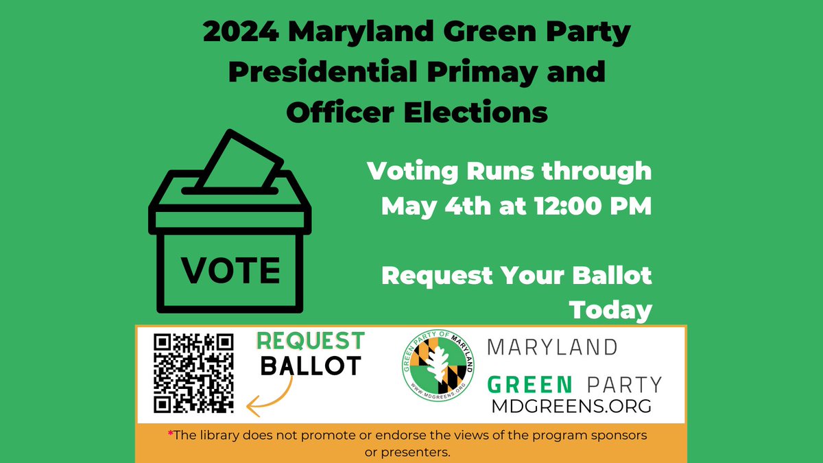 Are you a registered Green in Maryland? If so you can participate in the Maryland Green Party Presidential Primary and Officer Elections. Request your ballot today! forms.gle/bnAnKMUewEGgRt…