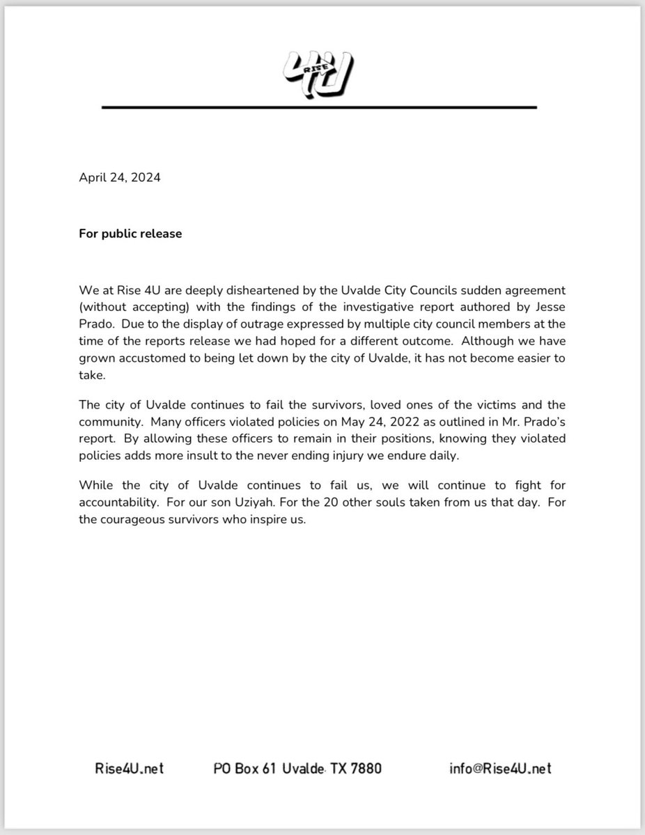 Rise 4U’s public release regarding the City of Uvaldes statements on 0423/2024.