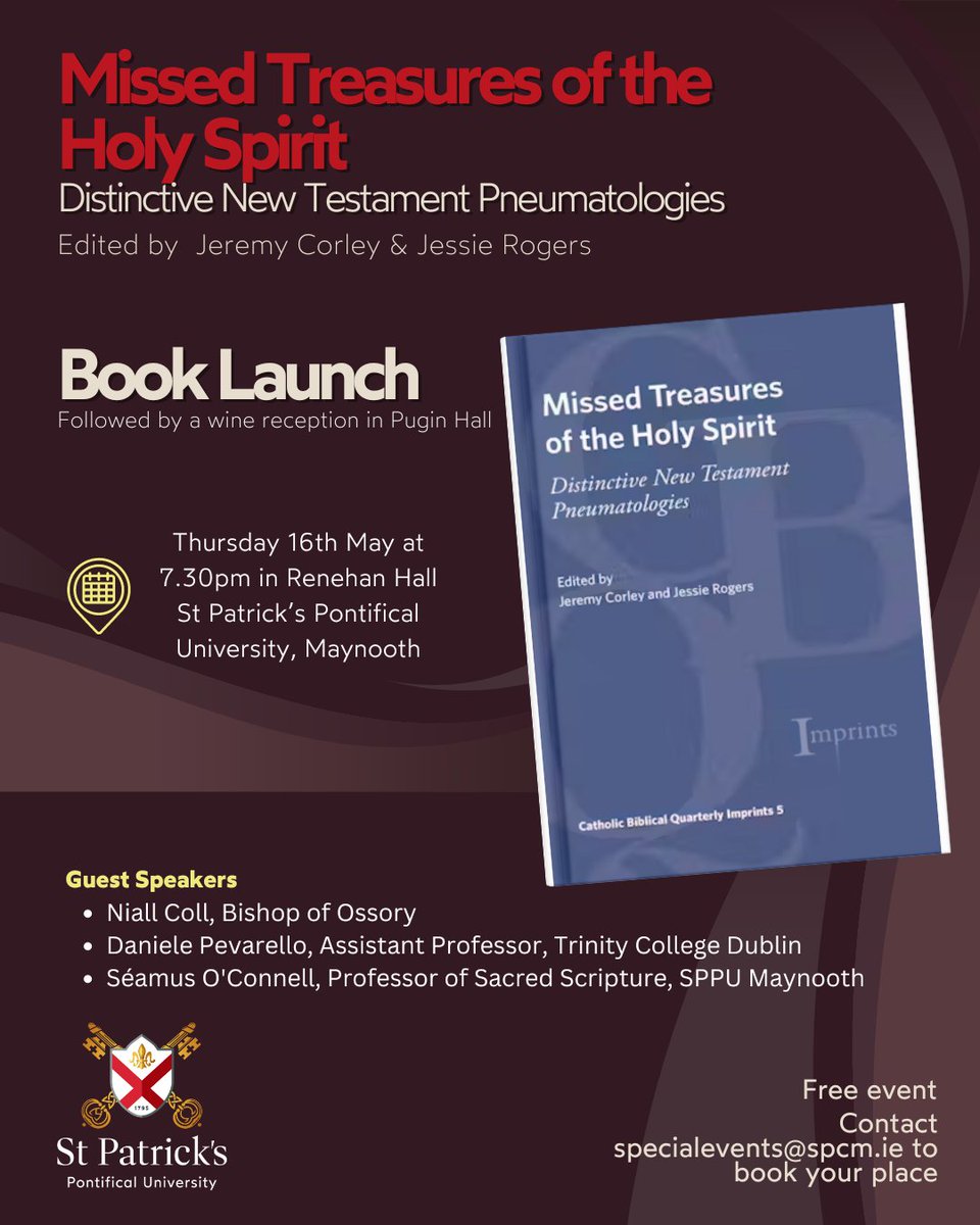 Join us at the launch of Missed Treasures of the Holy Spirit - Distinctive New Testament Pneumatologies, a new edited volume by Jeremy Corley and Jessie Rogers, Faculty of Theology, SPPU.