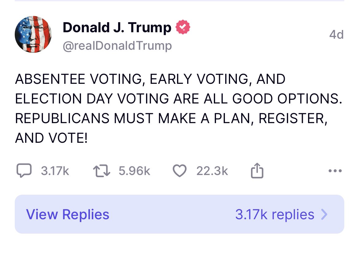 ScottPresler's tweet photo. If Republicans only vote on one day, then we might as well congratulate Joe Biden on his re-election. 

Pennsylvania has 50 days of early voting. We don’t have control of the governorship, so this isn’t changing before November 2024.

This means that democrats are voting for 50 days, while we vote for 13 hours. 

All it takes is something to go “wrong” within those 13 hours: 

▪️In 2022, Luzerne County, PA, ran out of paper ballots on Election Day 

▪️In 2022, Maricopa County, AZ, machines had “errors” on Election Day

▪️In 2022, it snowed in Washoe County, NV, on Election Day 

Police officers, fire fighters, nurses, doctors, pilots, truckers, hunters, the elderly, & members of our military may not be able to vote in-person on Election Day. 

Why in the world would we want to limit their ability to vote? 

Even President Trump stated 4 days ago, “Absentee voting, early voting, and Election Day voting are all good options. Republicans must make a plan, register.” 

I agree with President Trump. It’s time to get smart, register voters, ensure voters have a plan B, & engage in an all-of-the-above approach to voting.