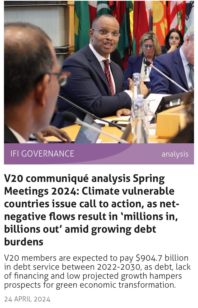 NEW from @brettonwoodspr: @V20Group’s Spring Meetings communique calls (again) for real action on debt and financing, as future growth outlook darkens #WBGMeetings #IMFMeetings 👉 brettonwoodsproject.org/2024/04/v20-co…