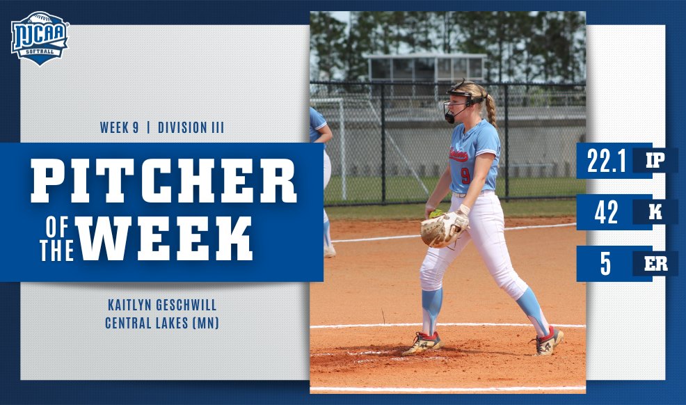 🚨 Geschwill was 𝙪𝙣𝙨𝙩𝙤𝙥𝙥𝙖𝙗𝙡𝙚 Kaitlyn Geschwill of @CLCRAIDERS_SB is the #NJCAASoftball DIII Pitcher of the Week! The freshman struck out 42 batters over 22.1 innings for the Raiders! #NJCAAPOTW