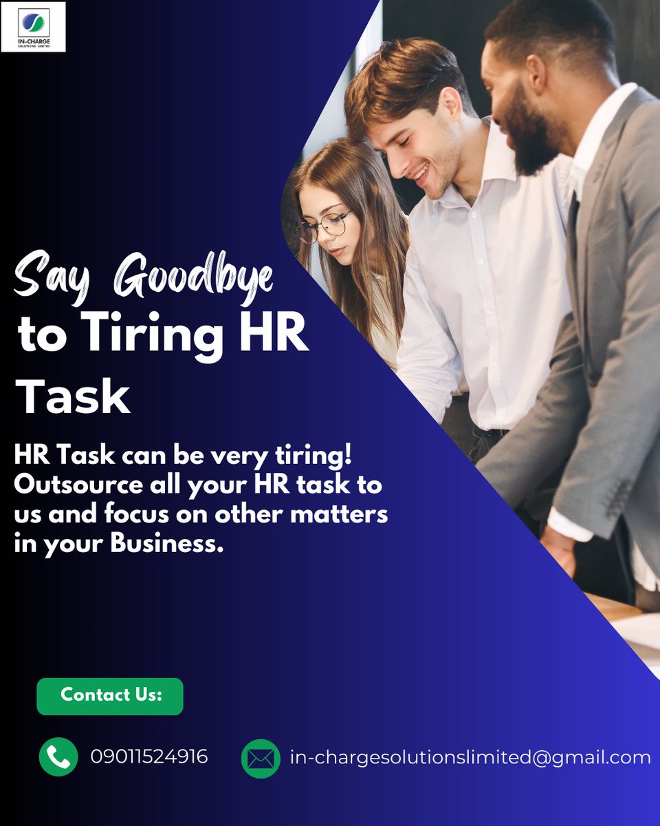 HR tasks can indeed be tiring! That's why we want to help you focus on other matters in your Business.

Outsource all your HR tasks to us.

Send a DM or Call us via 09011524916 or send an email to in-chargesolutionslimited@gmail.com

#recruitment #businessconsulting #solutions
