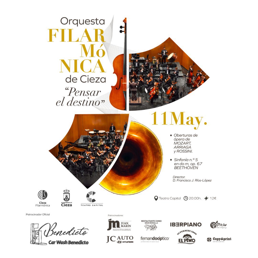 🎻PRESENTACIÓN | Orquesta <a href="/CiezaFilarmonic/">Cieza Filarmónica</a> 🎵

🗓 Sáb. 11 may
🕖 20:00h
📍 #TeatroCapitolCieza 
🎼Oberturas de Mozart, Arriaga, Rossini y Sinfonía nº5 de Beethoven
🎶 Dir. Francisco J. Ríos-López
🎟️ 12 € *descuentos 50% a jóvenes, pensionistas y desempleados

#Cieza <a href="/OcioenCieza/">Ocio en Cieza</a>
