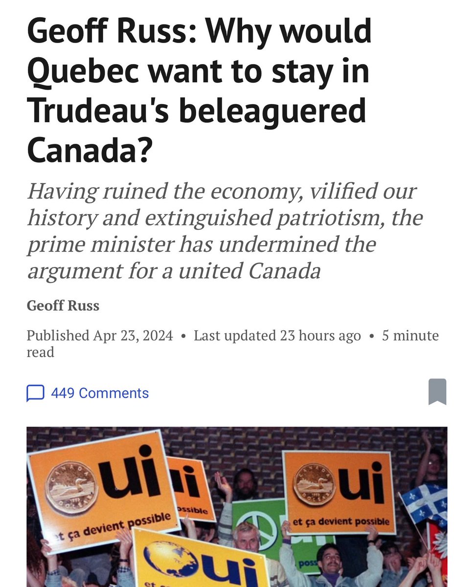 Question très pertinente de Geoff Russ : S’il y a un autre référendum sur la séparation du Québec dans les prochaines années, pourquoi les Québécois choisiraient-ils de rester dans un pays qui est en train de détruire son patrimoine et son identité, et où tout se dégrade, sous…
