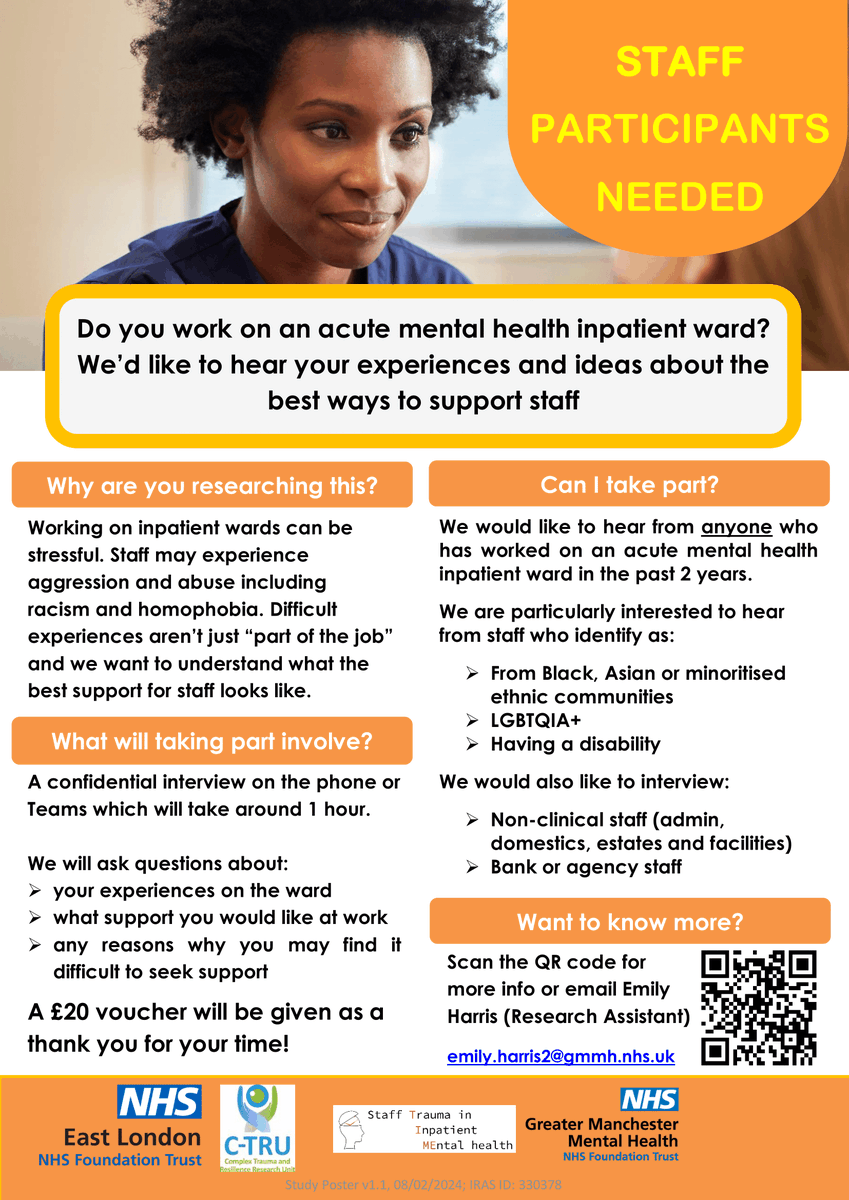 Exciting research opportunity for staff members working in acute mental healh inpatients wards. The Staff TIME project aims to find out what is helpful or unhelpful for staff when seeking support. Find more about the study below: sites.manchester.ac.uk/staff-time/