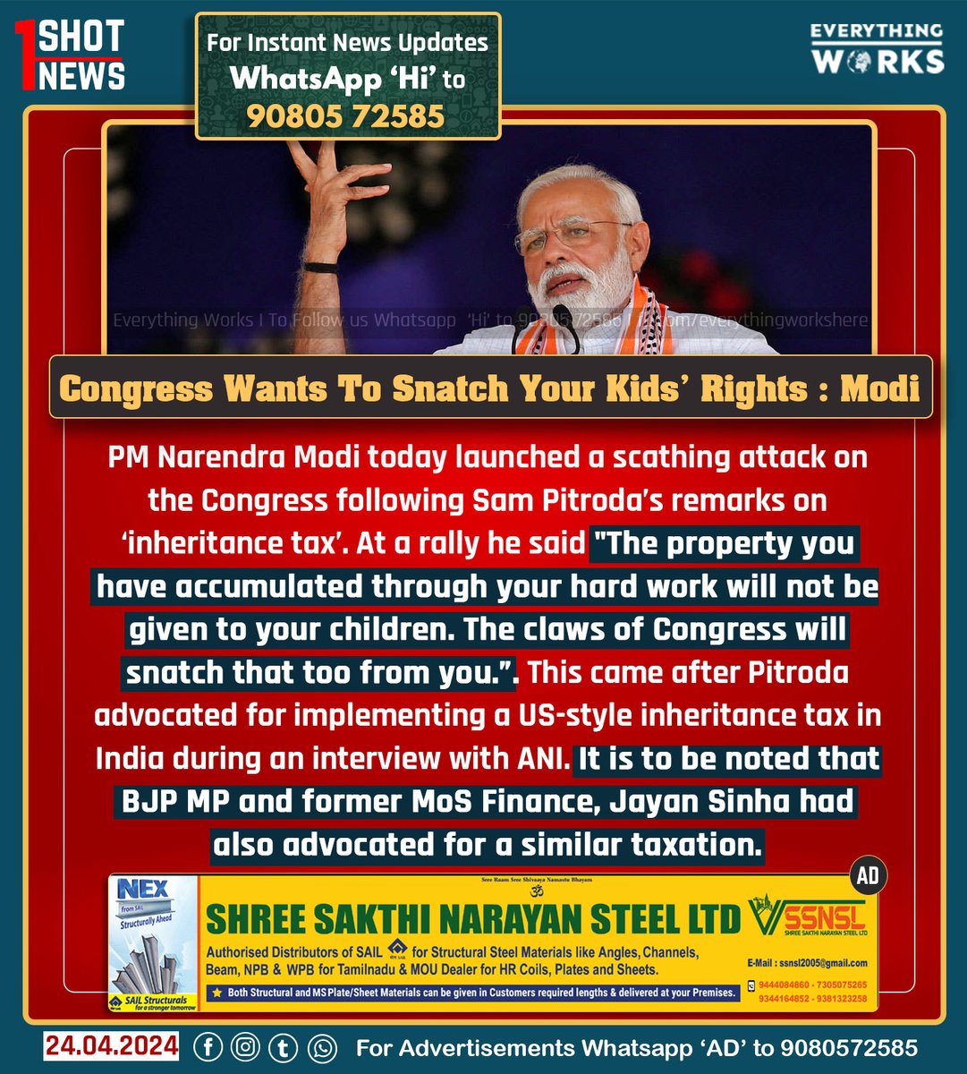 Prime Minister Narendra Modi today launched a scathing attack on the Congress following Sam Pitroda’s remarks on ‘inheritance tax’. Speaking at a rally he said 'The property you have accumulated through your hard work will not be given to your children. The claws of Congress will