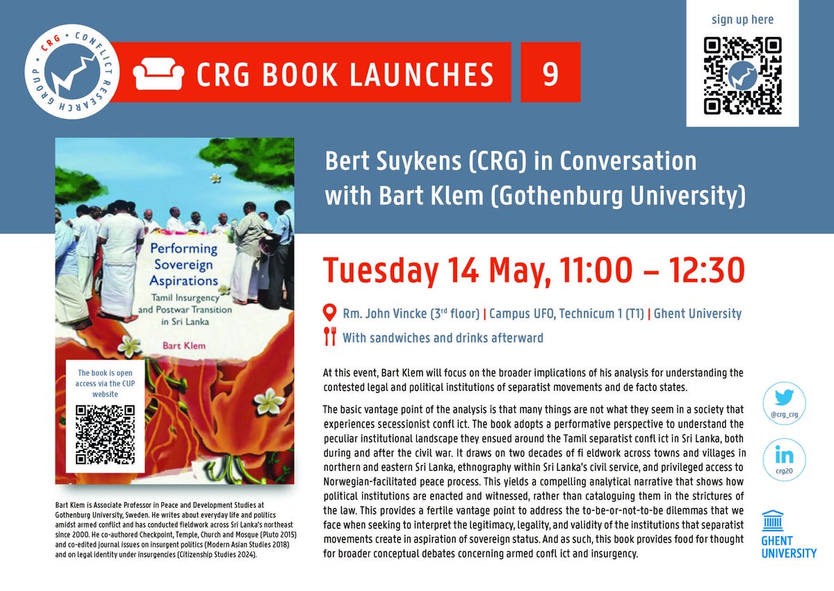 Join us! @bartyklem will discuss his book on the postwar transition in Sri Lanka, and analyze the context using the perspective of performativity. May 14( Tue) 11:00am, Rm. Vincke (3rd F) |Campus UFO, Technicum1(T1), GhentU #conflictstudies #book #peacestudies #southasia #book