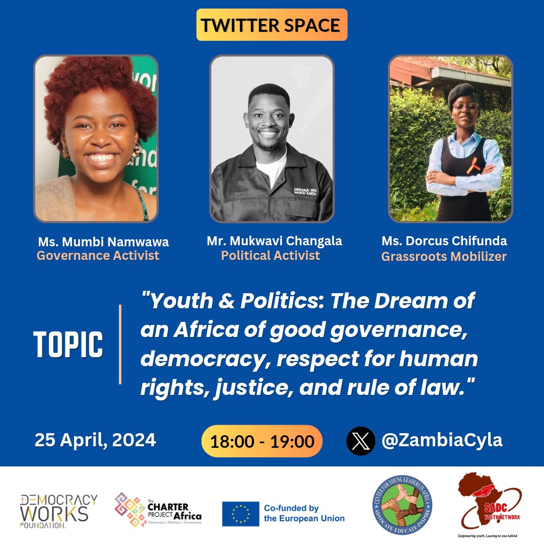 YOU ARE INVITED 🎙️ to be part of this X Space exploring youth & politics as a conduit to achieving good governance in Zambia & Africa, at large. Use link to join tomorrow: x.com/i/spaces/1owxw… Time: 18:00 - 19:15 Date: 25 April 2024, Thursday. #ZibaniACDEG #ACDEG #DGTrends