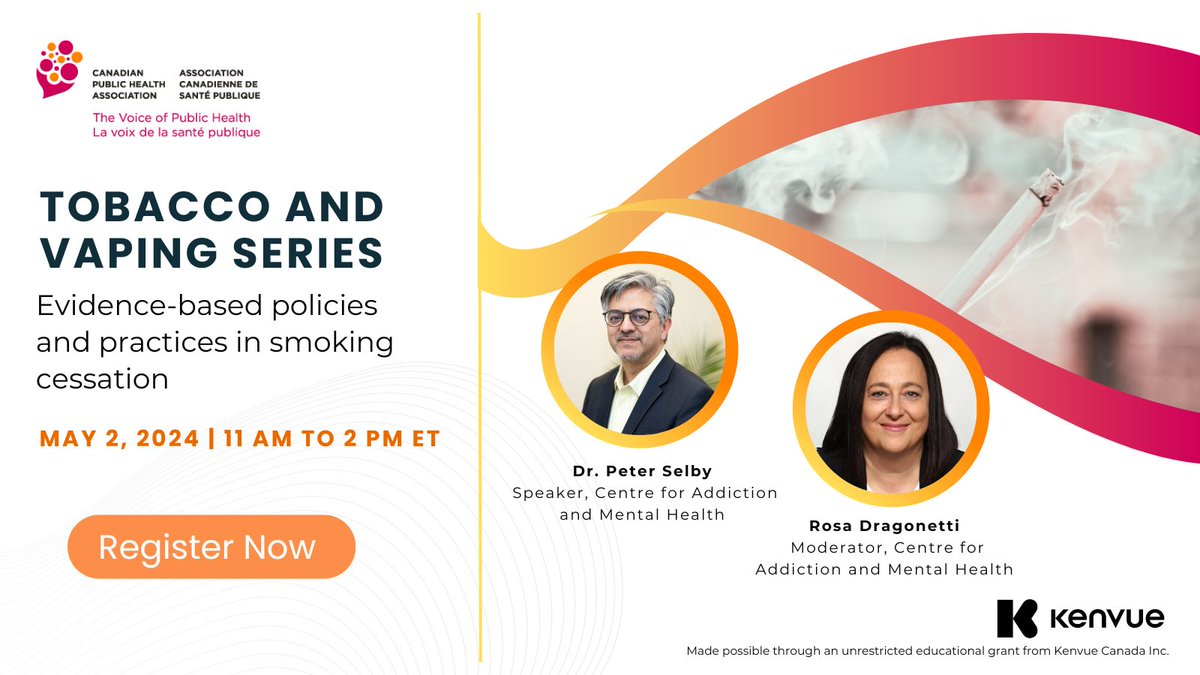 Join @CPHA_ACSP next week for part 1 of a Tobacco and Vaping Webinar Series sponsored by @kenvue 'Evidence-based policies and practices in smoking cessation' 🗓️Thursday May 2nd, 11am-2pm (ET)! ✏️Register here: ow.ly/qA4u50Rh0iz