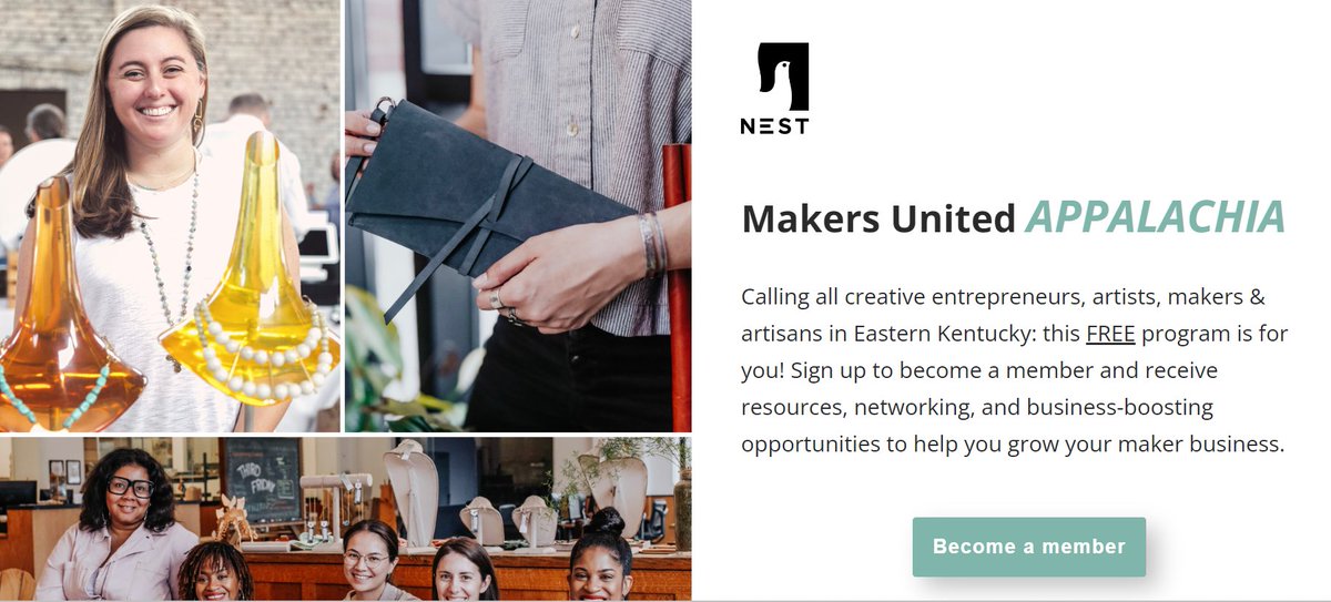 Nest, a nonprofit supporting artisans and makers, now offers a free membership program for people who hand craft and sell creative goods in Eastern Kentucky/Appalachia. This includes free education, exposure/sales opportunities to grow and scale. mailchi.mp/e8593043878d/m…