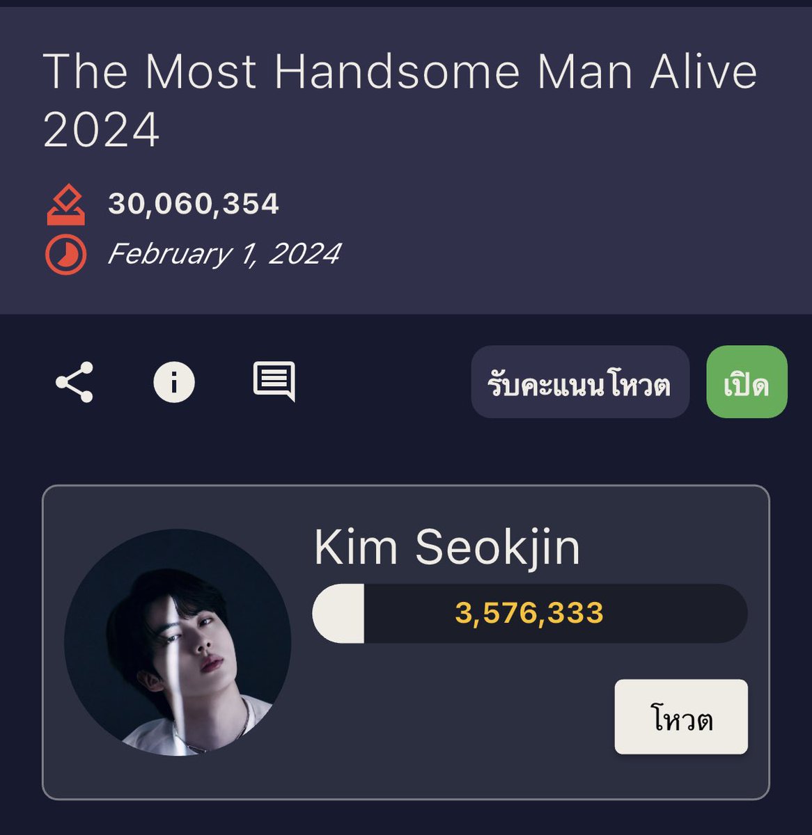 🗳️ The Most Handsome Man Alive 2024 ตอนนี้ #JIN อยู่อันดับที่ 4 มาพาพี่จินไปอันดับ 3 กันค่ะ อย่าลืมเข้าไปโหวตในแอพกันด้วยนะคะทุกคน🚀🚀🚀 รีทวิต + เมนชั่นพร้อมแฮชแท๊กโหวต : #NETIZENSREPORT #KIMSEOKJIN for Most Handsome Man Alive #MHMA2024 #MHMA2024KIMSEOKJIN @thenreport