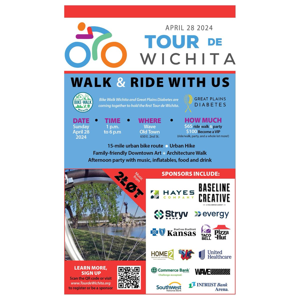 This Sunday embark on a bike ride or urban hike through the city's most iconic landmarks at the Tour de Wichita! 📅 April 28, 1 to 6 p.m. 📍 Wave in #oldtownwichita! 🤝 Support two great causes: @BikeWalkWichita & Great Plains Diabetes. #TourDeWichita | tourdewichita.org