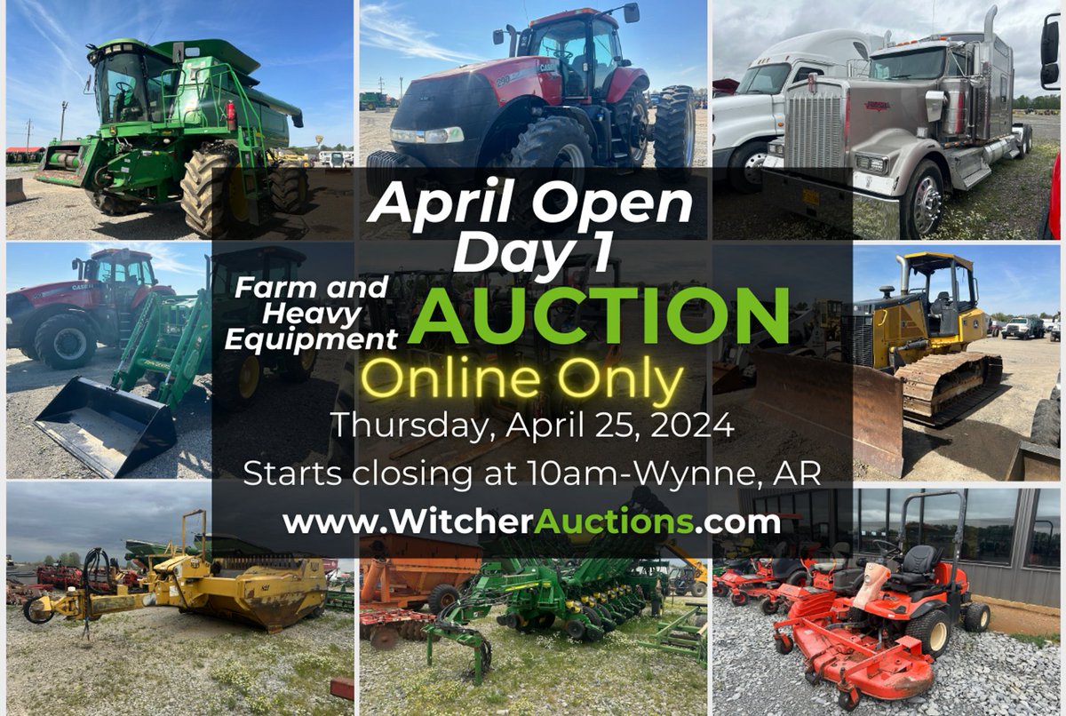 2-Day April '24 Open Farm and Heavy Equipment Online Consignment auction tomorrow and Thursday by Witcher Auctions. 700+ items selling Day 1 tomorrow - Tractors, ATVS, Excavators, Dozers, Skid Steers, Harvest Equipment, Trucks, Trailers + more. Info here: witcherauctions.com/auctions