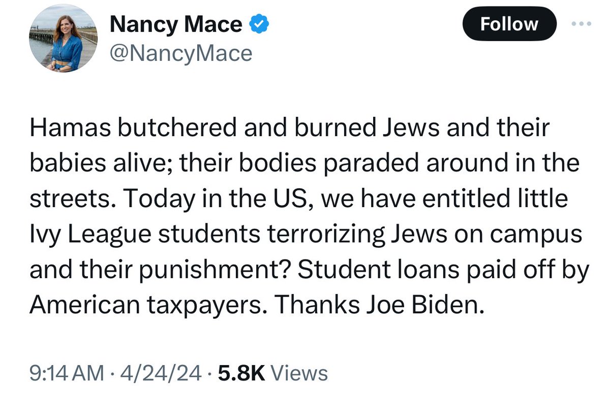 Nancy议员：“哈马斯屠杀并活活烧死犹太人和他们的婴儿；他们的尸体在大街上游街示众。如今在美国，常春藤联盟的＇小学生＇在校园里恐吓犹太人，而他们受到的惩罚是什么？学生贷款由美国纳税人偿还。感谢拜登。”