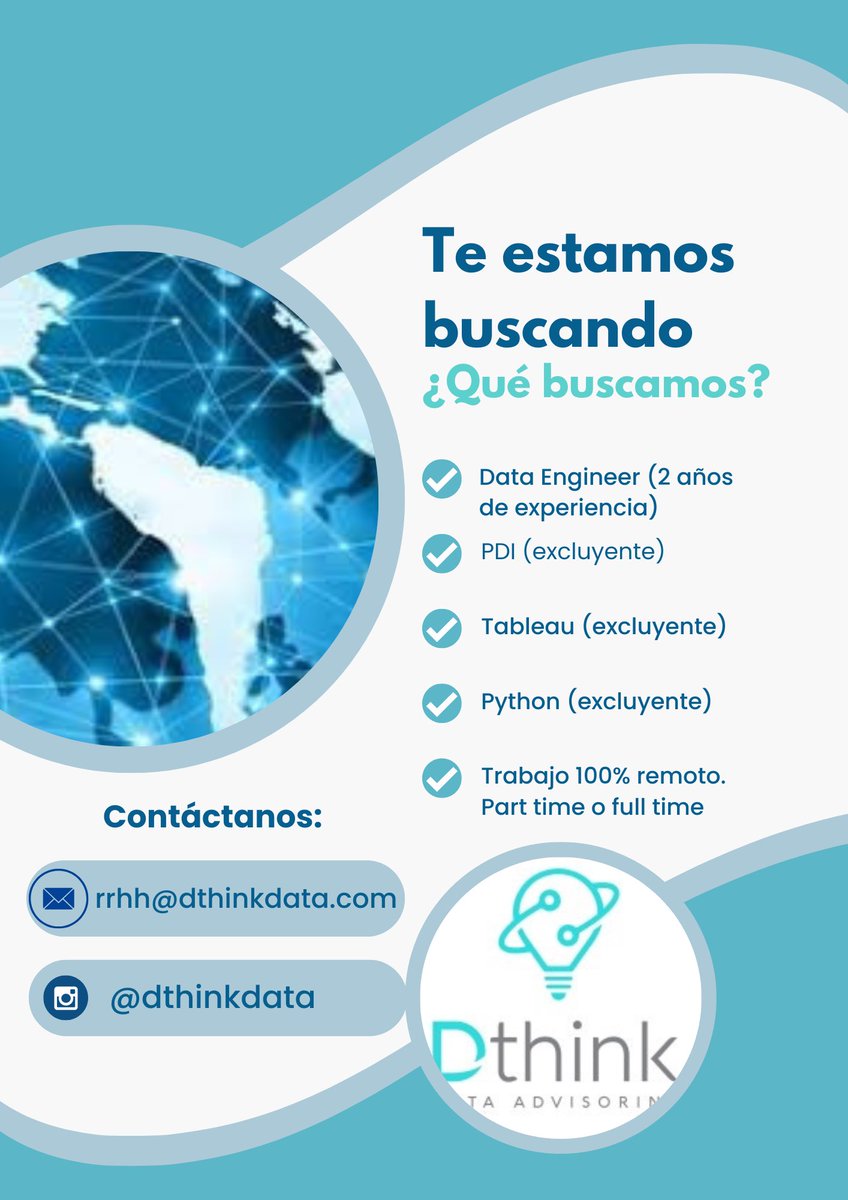 DthinkData's tweet photo. #DataEngineer #TrabajoAr https://t.co/GP8CJCnl6n