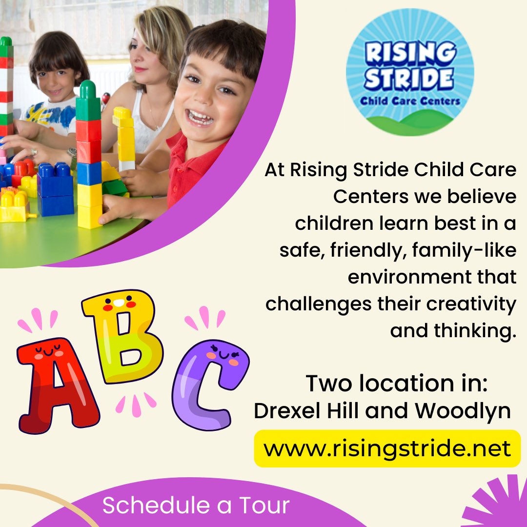 At Rising Stride, our mission is to provide peace of mind for working parents with a convenient, efficient, educational child care program. Visit us at risingstride.net #childcare #childcarecenter #preschool #learning #learnandgrow #delcopa