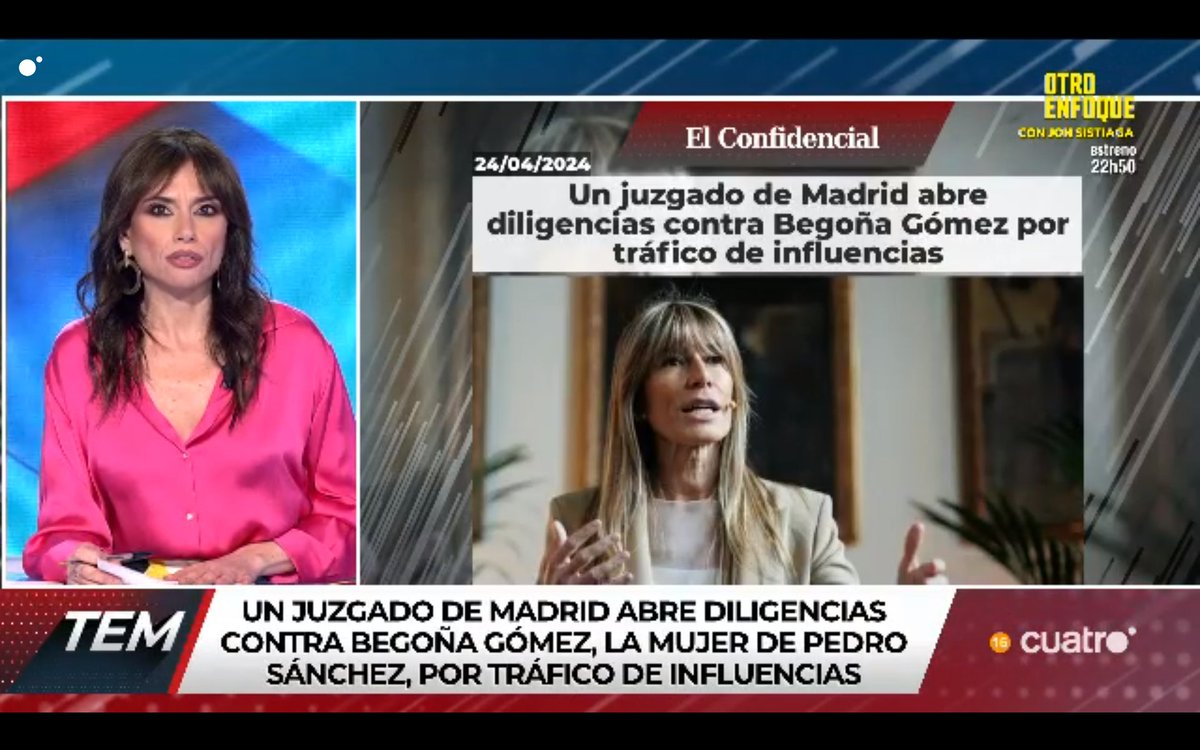 Un juzgado de Madrid abre diligencias contra Begoña Gómez, la mujer de Pedro Sánchez, por tráfico de influencias cuatro.com/en-directo/ #TodoEsMentira24A