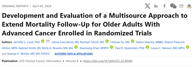 Dr. @LundJenny, Jenna Cacciatore, & colleagues find that using external sources along with trial data (a multisource approach) is effective for extending follow-up for mortality status after study completion ascopubs.org/doi/10.1200/CC…