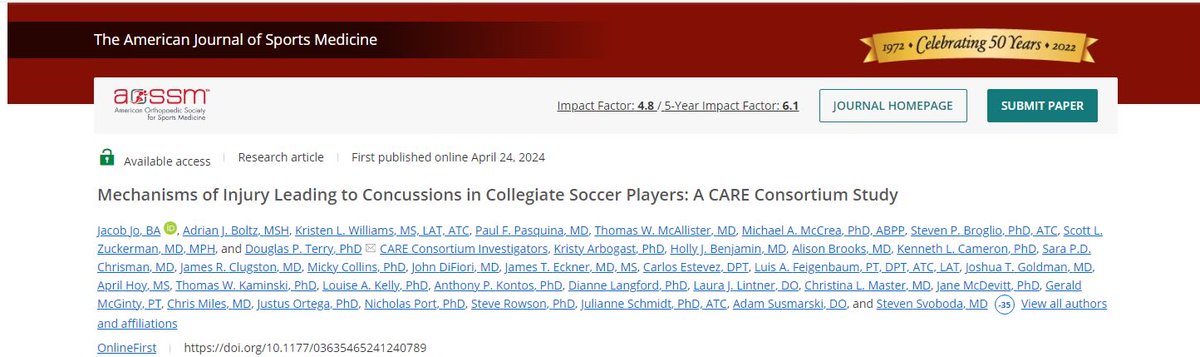Hot off the press @AJSM_SportsMed! A study using the CARE Consortium database to evaluate whether soccer players with different mechanisms of concussion may have varying recovery. @JacobJo_1 @VUMC_Neurosurg @VUMC_Concussion @UMichConcussion @CAREconsortium