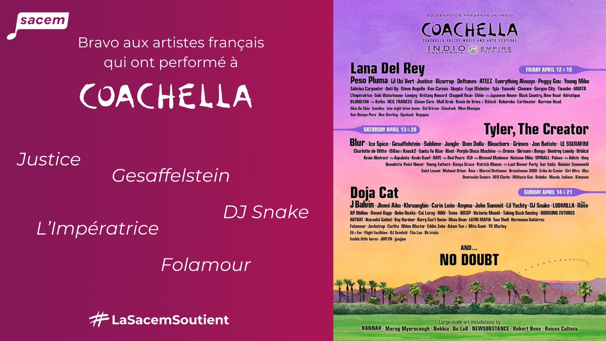 Le festival @coachella vient de se terminer et, cette année encore, la France a bien été représentée avec : Justice, @gesaffelstein, @Imperatrice__, @djsnake et @folamourbb ⚡ La Sacem est fière de voir leurs œuvres rayonner à l’international 😍🎶 #Coachella24 #FrenchTouch